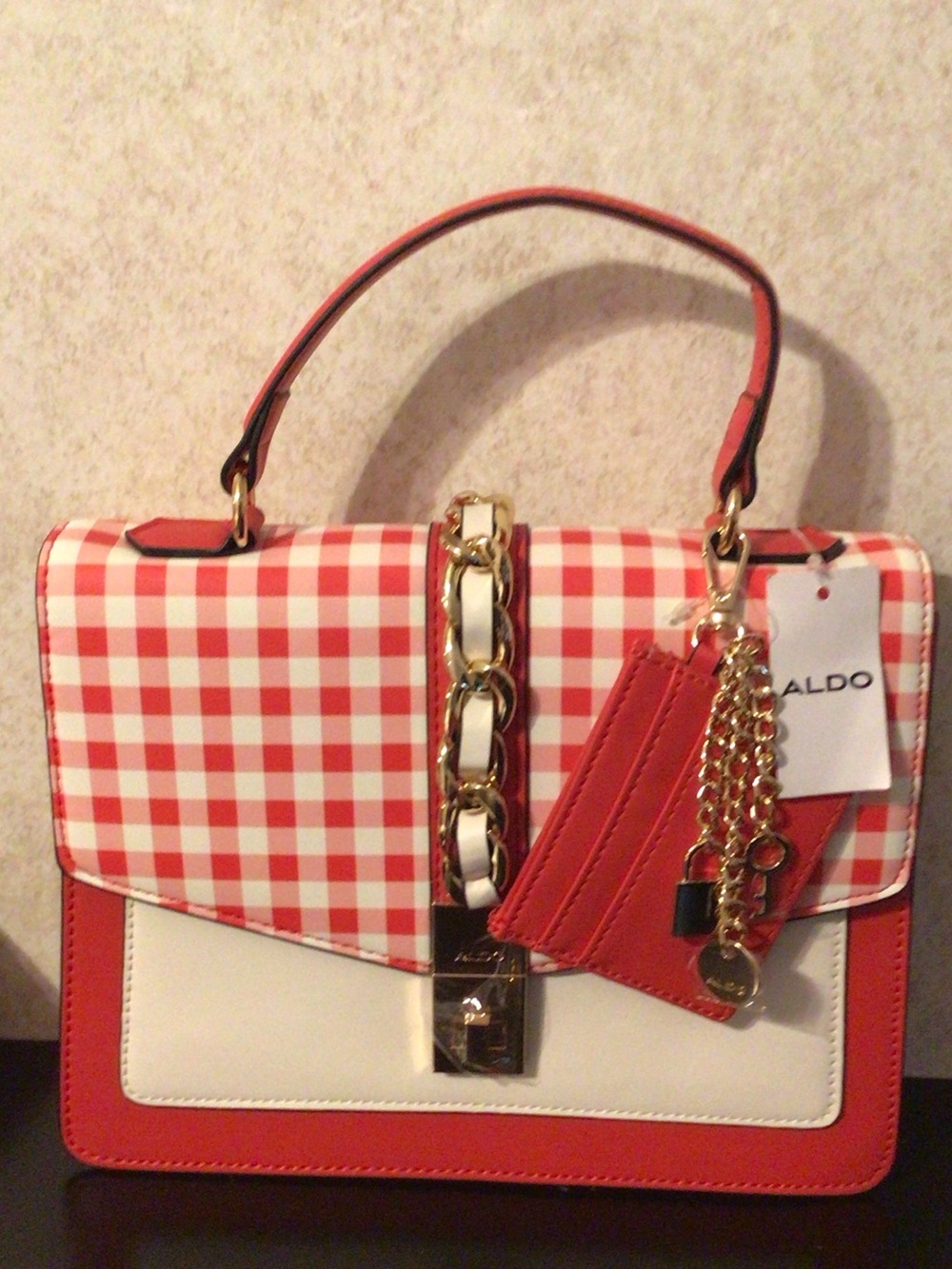 ALDO Red & White Gingham Chain-Accent Top-Handle Satchel